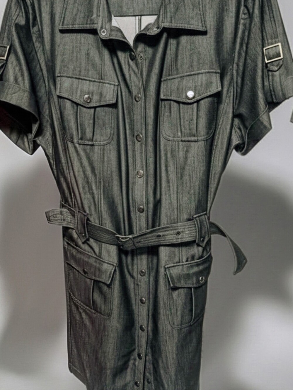 Women's  Short-Sleeve Belted Utility Dress Black DENIM.